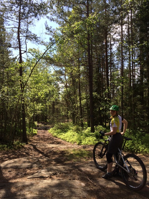 Mountainbikecyklist i skogen