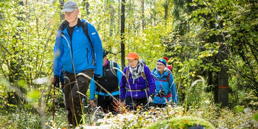 Seniorer i Friluftsfrämjandet vandrar tillsammans i låglandsterräng