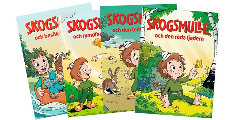 Omslag till fyra av Skogsmulles böcker