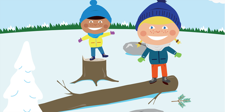 Illustration med barn som går hinderbana på stockar och stenar i snön