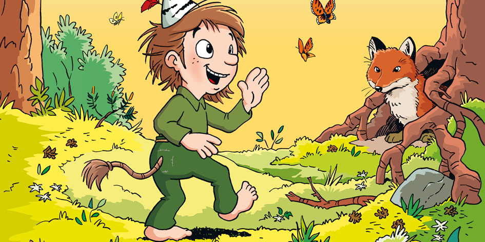 Illustration av Skogsmulle som hälsar på en räv och fjärilar 