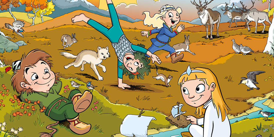 Illustration av Skogsmulle och hans vänner på höstfjället