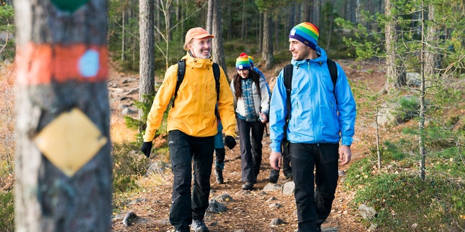 En grupp vandrar med ledare i skogen.