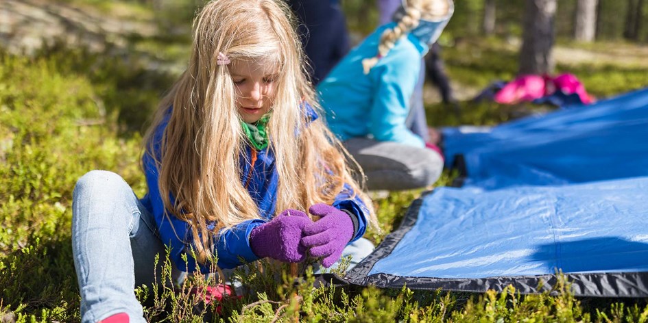 Barn hjälps åt att spänna fast tarp